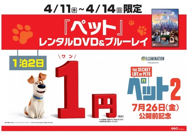 映画 ペット２ 犬にちなんでたったの１円 19年4月11日 木 4日間限定 対象2本以上同時レンタルでスペシャルシールプレゼント 映画の時間